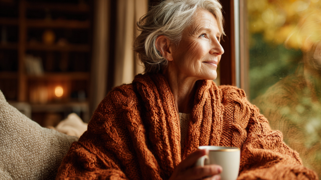 אישה מסתכלת החוצה עם סריג