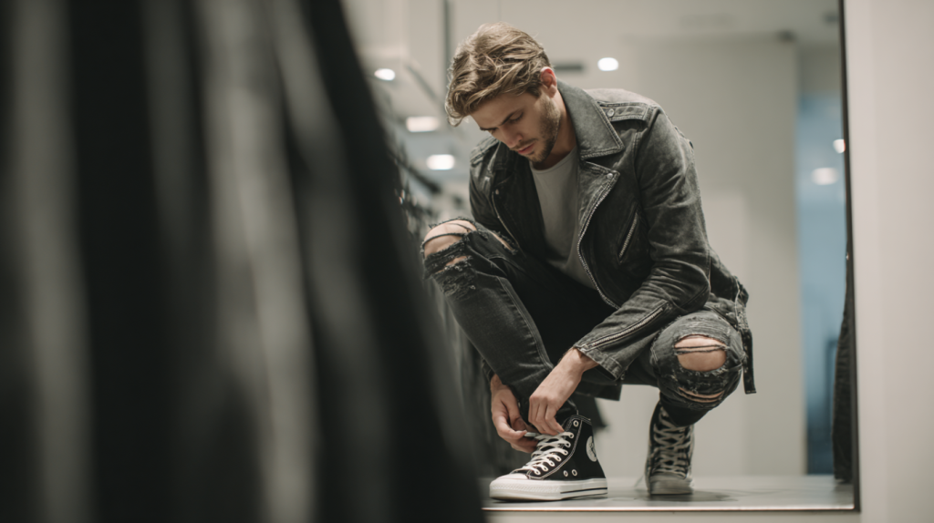 גבר קושר את הנעליים